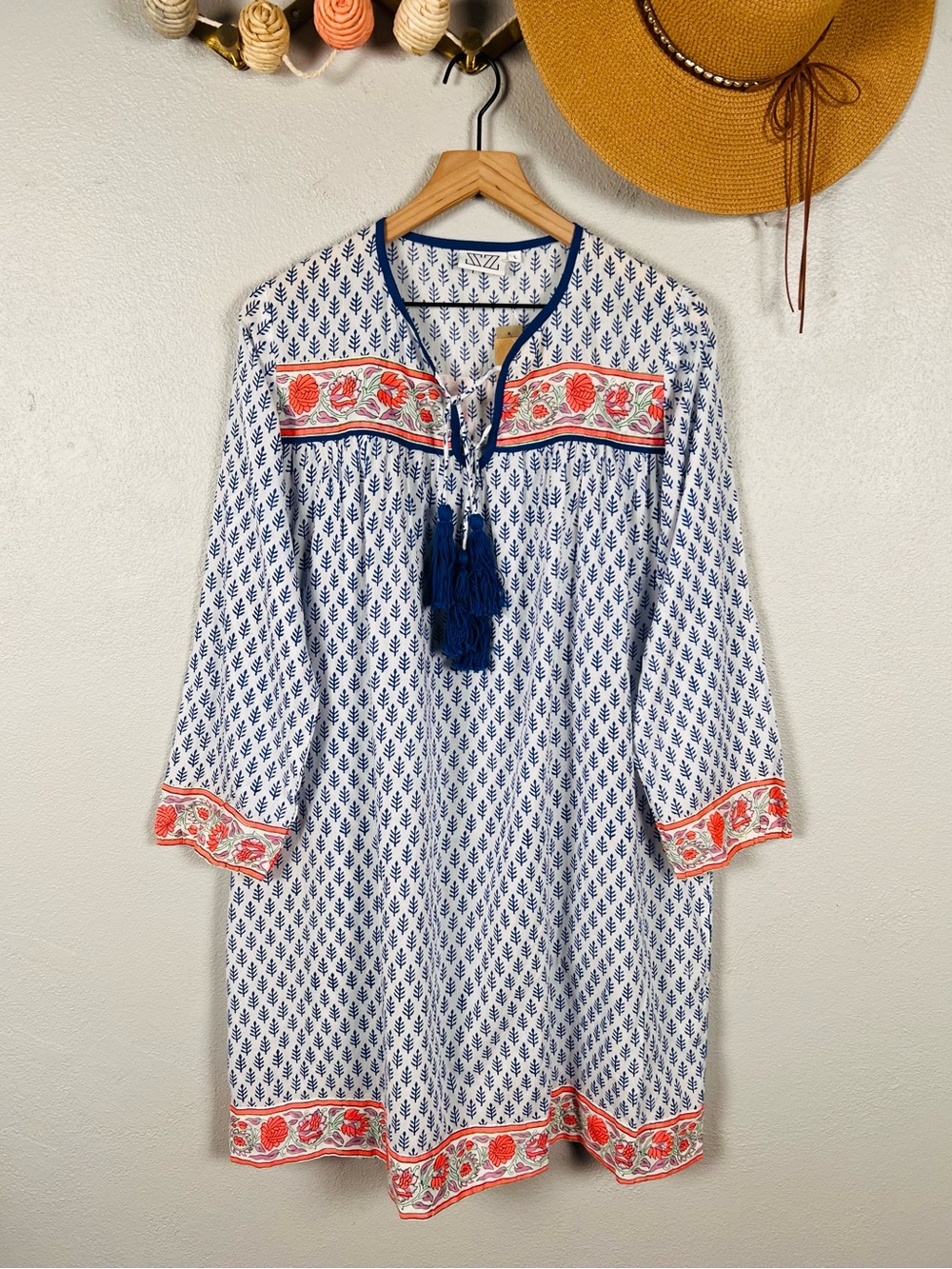 NWT SZ Blockprints x J. Crew Leyla Floral Tassel Tunic Mini Dress Large
